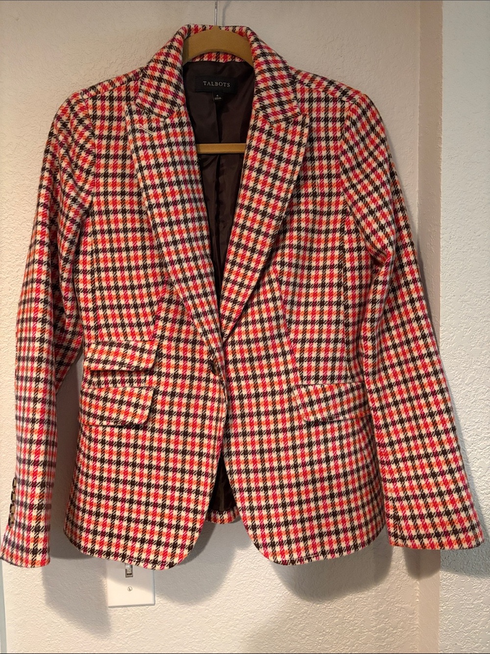 Talbots Pink, Brown, Orange & Cream Plaid Tailored Blazer